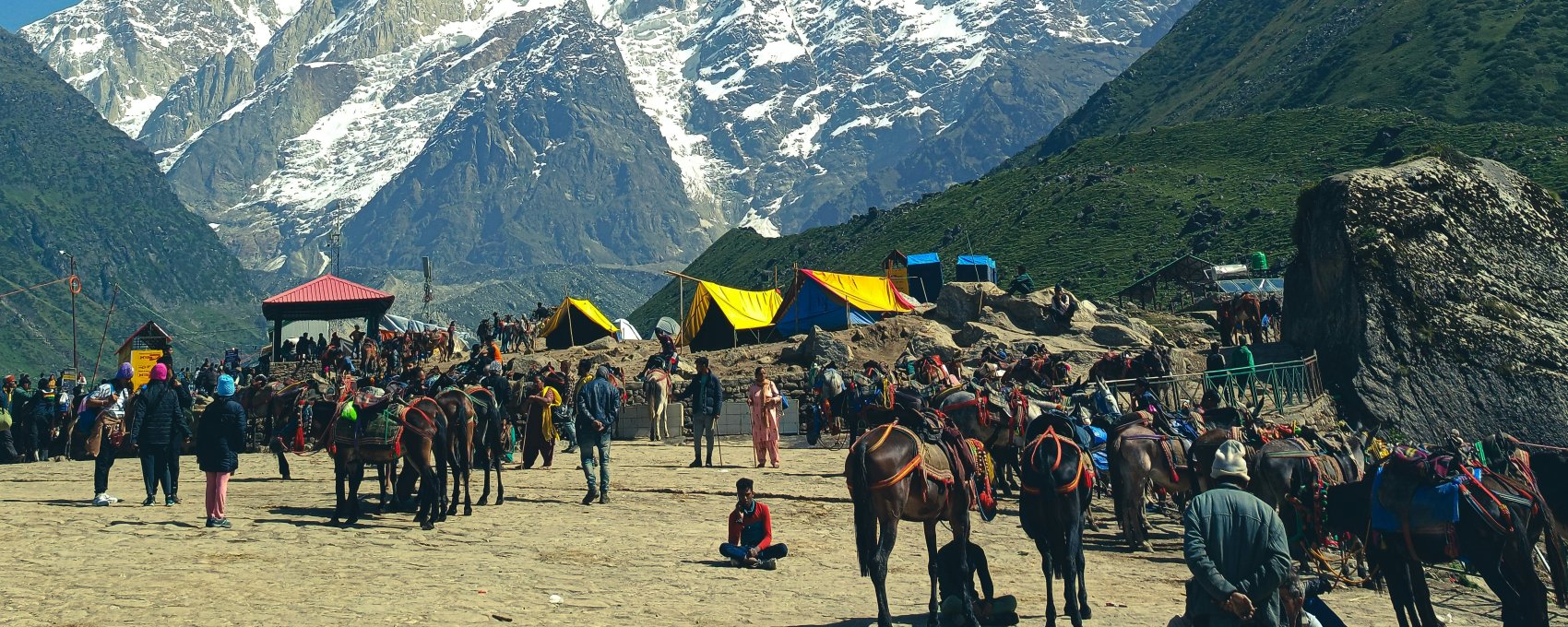 Char Dham Yatra Kedarnath, horse ride to temple snowy peaks.