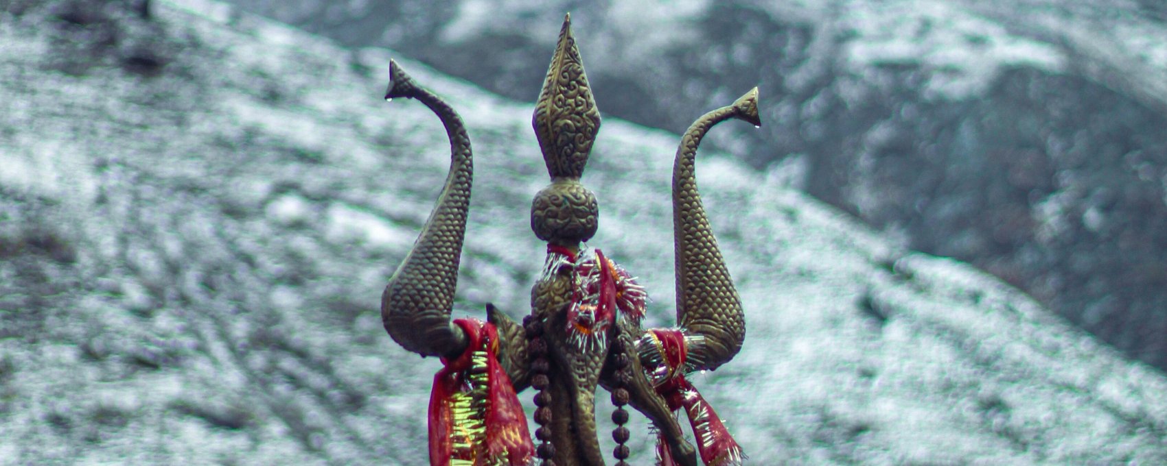 Trishul at Kedarnath shrine, part of Char Dham Yatra. Divine symbol of Shiva in Himalayas.