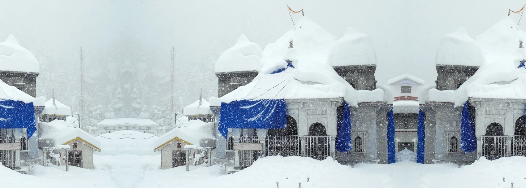 Gangotri Temple all white with snow, important stop on the Char Dham Yatra.
