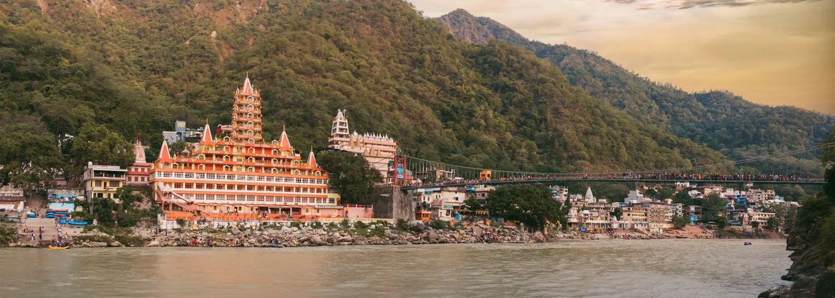 Tera Manzil Temple Rishikesh, near Lakshman Jhula. Beautiful temple on Ganges, gateway to Char Dham yatra pilgrims.