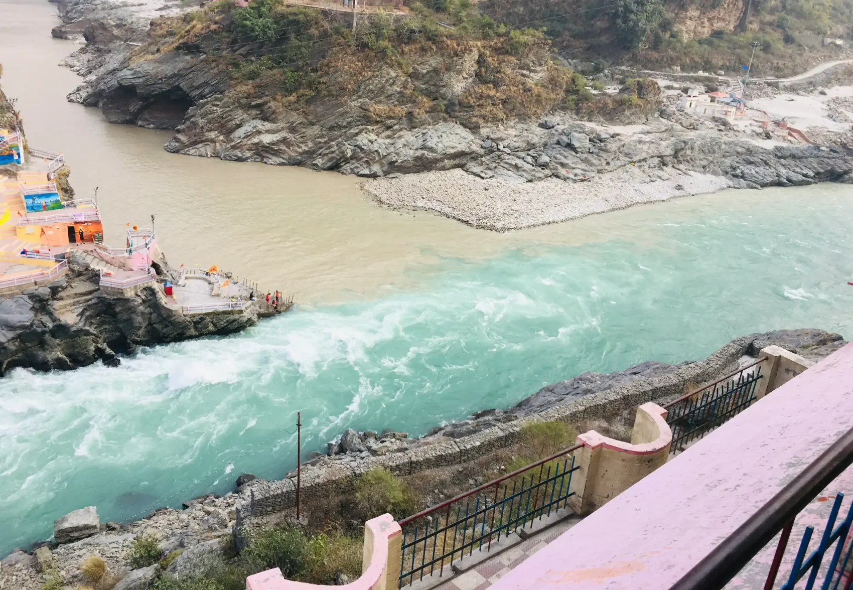 Devprayag where Alaknanda meets Bhagirathi, starting point for Char Dham Yatra pilgrims.