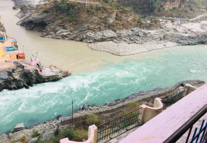 Devprayag where Alaknanda meets Bhagirathi, starting point for Char Dham Yatra pilgrims.