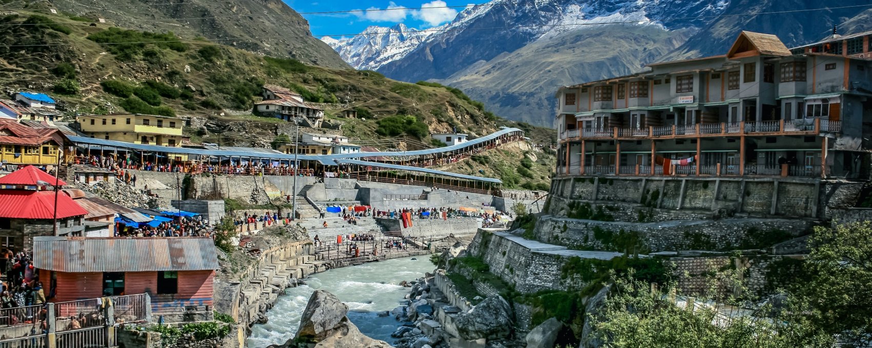 Beautiful Badrinath Temple on the Char Dham Yatra route. Traditional architecture, Alaknanda river view.